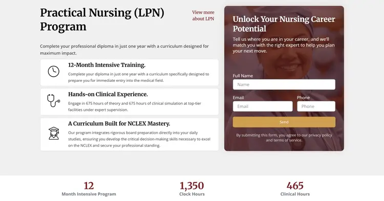 Sección "Practical Nursing (LPN) Program" de la home en desktop: a la izquierda, el texto "View more about LPN" junto al título y tres tarjetas con icono sobre la duración, la práctica clínica y la preparación para el NCLEX; a la derecha, el formulario "Unlock Your Nursing Career Potential" con Full Name, Email, Phone y el botón "Send"; debajo, una franja blanca con tres datos del programa.