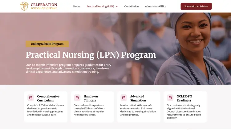 Primera pantalla de la página del programa en desktop: header con el menú, etiqueta "Undergraduate Program", titular "Practical Nursing (LPN) Program" y un párrafo sobre la foto de una enfermera sonriente con gorro quirúrgico; debajo, cuatro tarjetas blancas: Comprehensive Curriculum, Hands-on Clinicals, Advanced Simulation y NCLEX-PN Readiness.