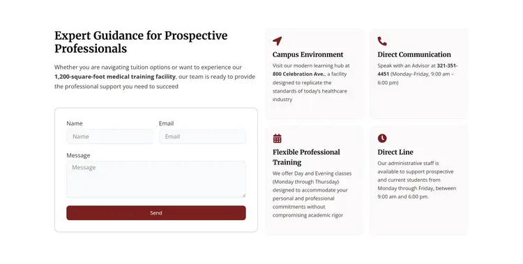 Sección "Expert Guidance for Prospective Professionals" de la página de contacto en desktop: un párrafo y un formulario con Name, Email, Message y el botón "Send"; a la derecha, cuatro tarjetas: Campus Environment, Direct Communication, Flexible Professional Training y Direct Line.