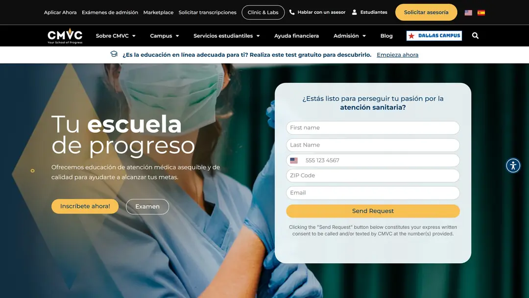 Primera pantalla de la home de CMVC en desktop: barra superior negra con accesos rápidos y "Solicitar asesoría", menú principal, titular "Tu escuela de progreso" con los botones "Inscríbete ahora!" y "Examen", y a la derecha un formulario de cinco campos con el botón "Send Request".