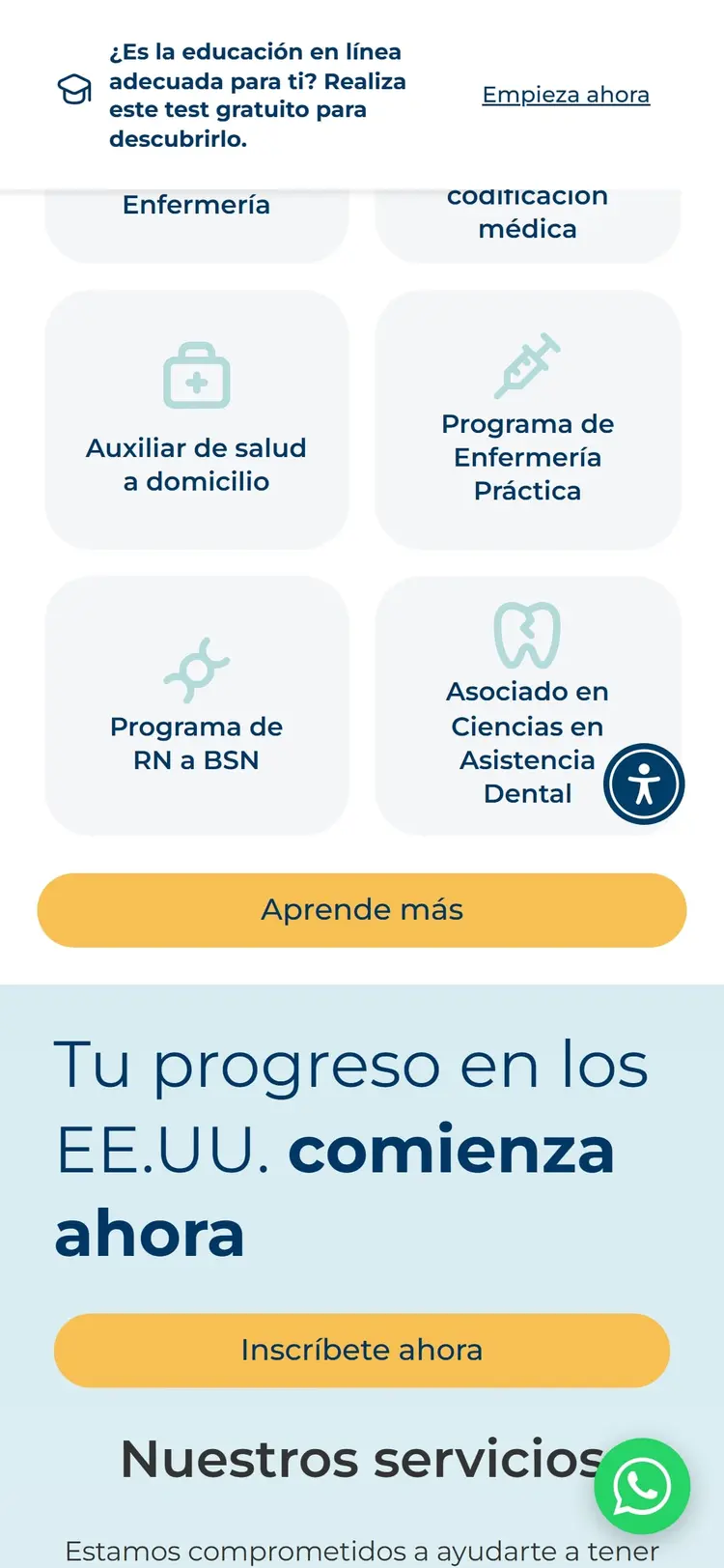 La misma sección en un teléfono de 390 px: las tarjetas de programa en dos columnas.
