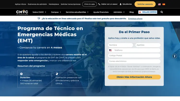 Primera pantalla de la landing de campaña del programa de Técnico en Emergencias Médicas (EMT) en desktop: titular, resumen del programa con duración y modalidad, y a la derecha el formulario "Da el Primer Paso" con nombre, apellido, teléfono, código postal y correo.