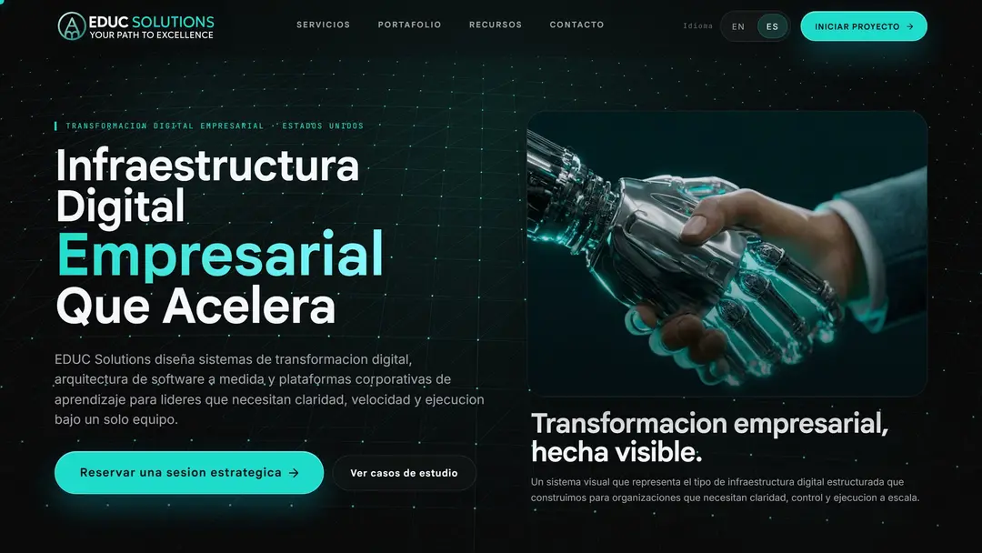 Primera pantalla de la home de EDUC Solutions en desktop, en tema oscuro con acentos turquesa: header con logo, Servicios, Portafolio, Recursos y Contacto, selector de idioma EN/ES y botón "Iniciar proyecto"; titular "Infraestructura Digital Empresarial Que Acelera", un párrafo, los botones "Reservar una sesion estrategica" y "Ver casos de estudio", y a la derecha una mano robótica que estrecha una mano humana.