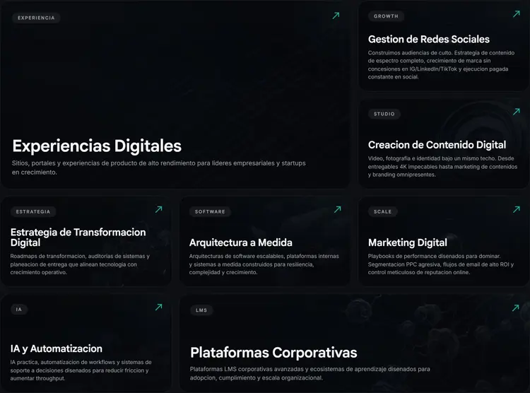 Grilla de ocho tarjetas oscuras en desktop, cada una con etiqueta, título y una frase: Experiencias Digitales y Plataformas Corporativas en tarjetas grandes; Gestion de Redes Sociales, Creacion de Contenido Digital, Estrategia de Transformacion Digital, Arquitectura a Medida, Marketing Digital e IA y Automatizacion en tarjetas pequeñas.