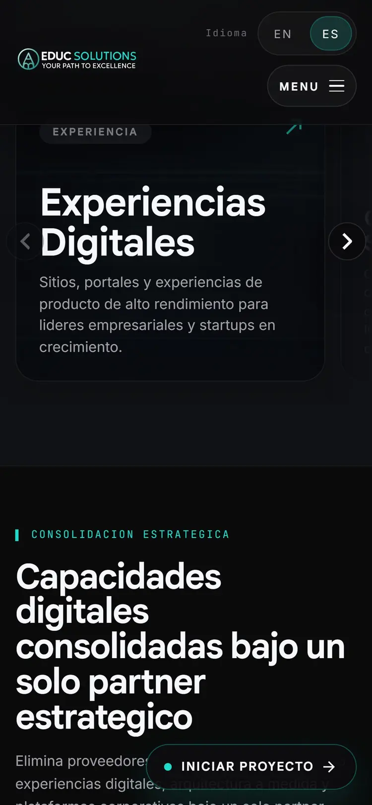Un teléfono de 390 px con la sección como carril horizontal: la tarjeta "Experiencias Digitales" entre dos flechas, el borde de la siguiente asomando a la derecha, el inicio de la sección "Capacidades digitales consolidadas" y el botón flotante "Iniciar proyecto".