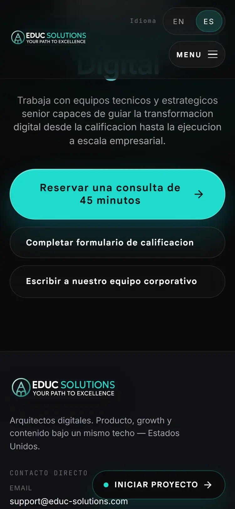El mismo bloque en un teléfono de 390 px: el párrafo, los tres botones apilados a todo el ancho y, debajo, el inicio del pie con el logo y el email de la empresa; abajo a la derecha, el botón flotante "Iniciar proyecto".