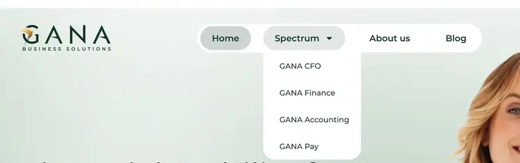 Menú de desktop con "Spectrum" desplegado mostrando GANA CFO, GANA Finance, GANA Accounting y GANA Pay, junto a Home, About us, Blog y el botón "Contact Us".