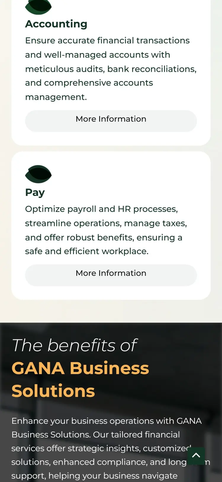 Las tarjetas de Accounting y Pay apiladas en un teléfono de 390 px, cada una con su botón "More Information" a todo el ancho, y el inicio de la sección "The benefits of GANA Business Solutions".