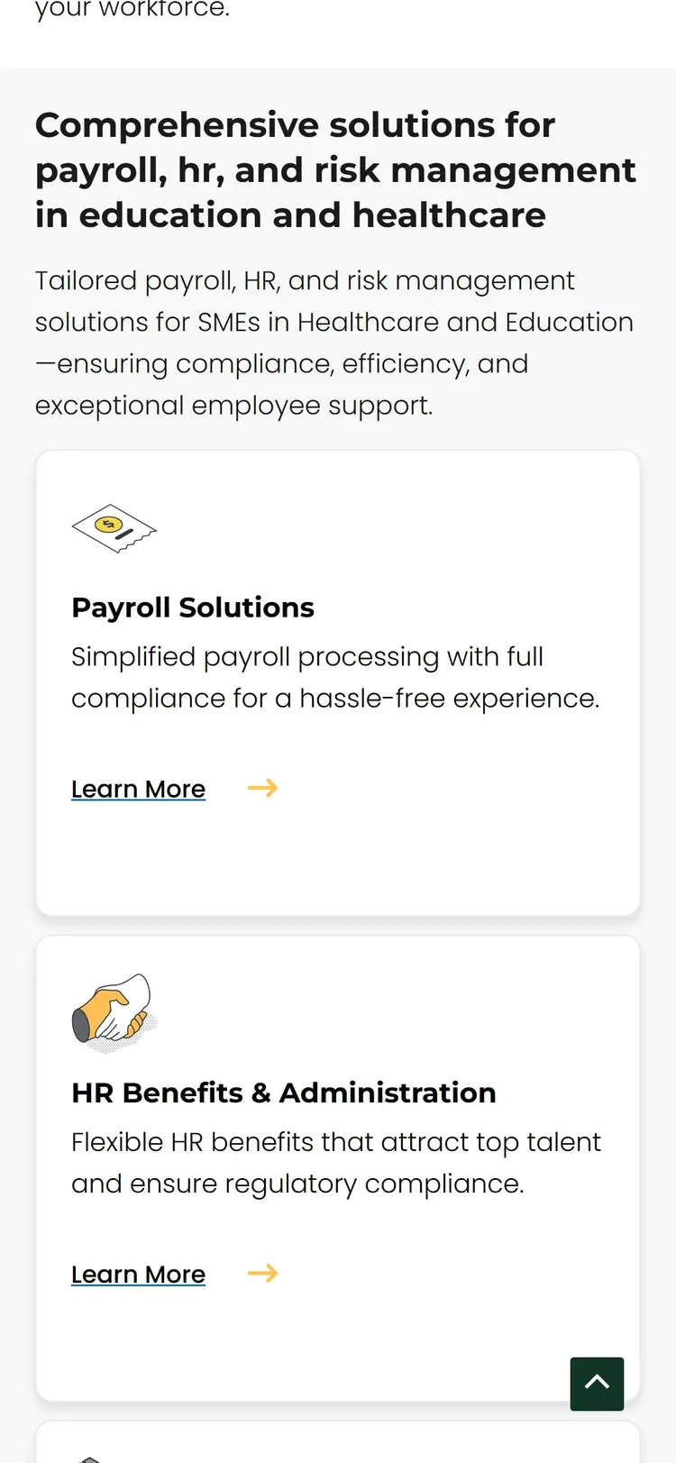 La misma sección en un teléfono de 390 px: titular, párrafo y las tarjetas de Payroll Solutions y HR Benefits apiladas.