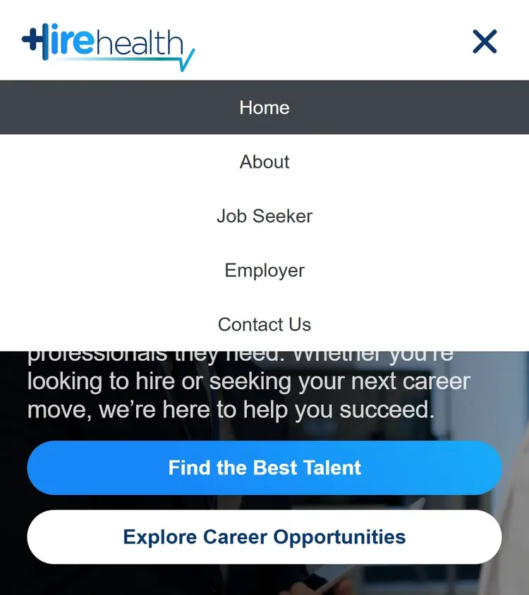 Menú móvil abierto como panel bajo el header, con Home resaltado sobre gris oscuro, About, Job Seeker, Employer y Contact Us; debajo siguen a la vista los botones "Find the Best Talent" y "Explore Career Opportunities".