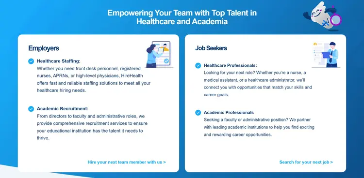 Sección "Empowering Your Team with Top Talent in Healthcare and Academia" en desktop: dos tarjetas blancas sobre fondo azul. "Employers" lista Healthcare Staffing y Academic Recruitment y cierra con "Hire your next team member with us"; "Job Seekers" lista Healthcare Professionals y Academic Professionals y cierra con "Search for your next job".