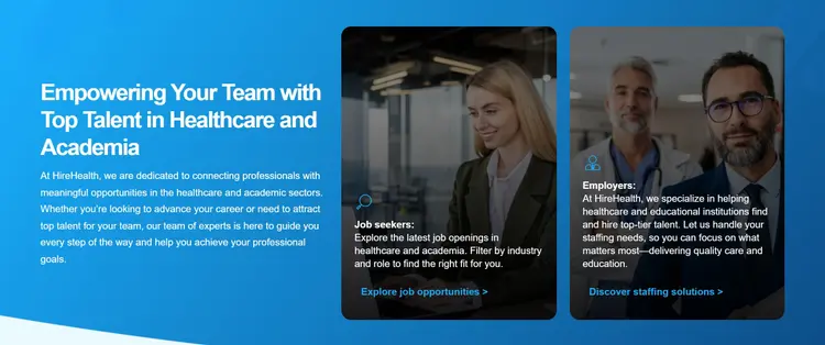 Sección de la home en desktop sobre fondo azul: a la izquierda el titular "Empowering Your Team with Top Talent in Healthcare and Academia" y un párrafo; a la derecha dos tarjetas con foto, "Job seekers" con el enlace "Explore job opportunities" y "Employers" con "Discover staffing solutions".