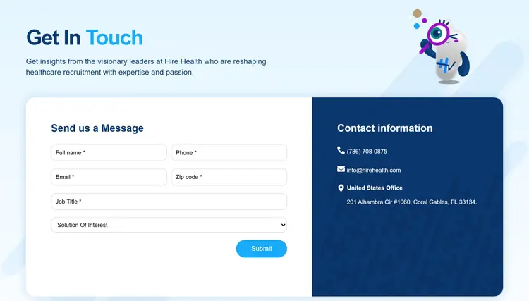 Página "Get In Touch" en desktop: a la izquierda el formulario "Send us a Message" con nombre completo, teléfono, email, código postal, cargo, el selector "Solution Of Interest" y el botón "Submit"; a la derecha, sobre azul oscuro, teléfono, email y dirección de la oficina en Coral Gables.