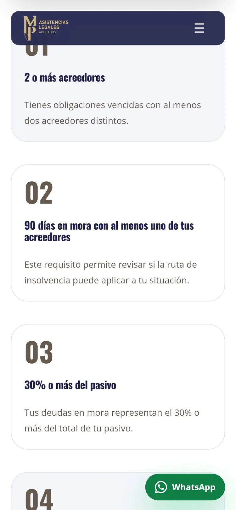 Las condiciones en un teléfono de 390 px: tarjetas apiladas, la primera con su número tapado por el header fijo, y el botón flotante "WhatsApp" abajo a la derecha.