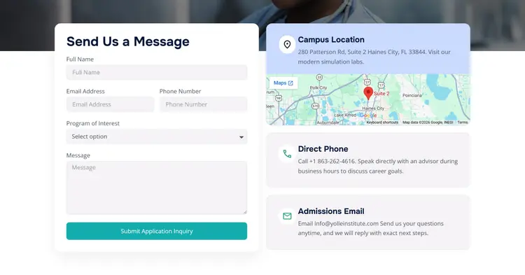 Página de contacto en desktop: formulario "Send Us a Message" con nombre, email, teléfono, selector de programa y mensaje; a la derecha, tarjetas de ubicación con mapa, teléfono y email de admisiones.